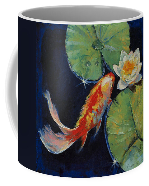 White Lily Coffee Mug featuring the painting Koi and White Lily by Michael Creese