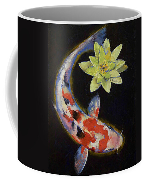 Koi Coffee Mug featuring the painting Koi with Yellow Water Lily by Michael Creese