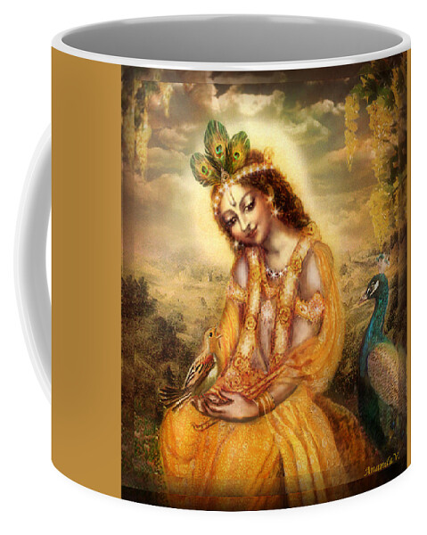 Krishna Coffee Mug featuring the mixed media Krishna with the Peacock Detail by Ananda Vdovic