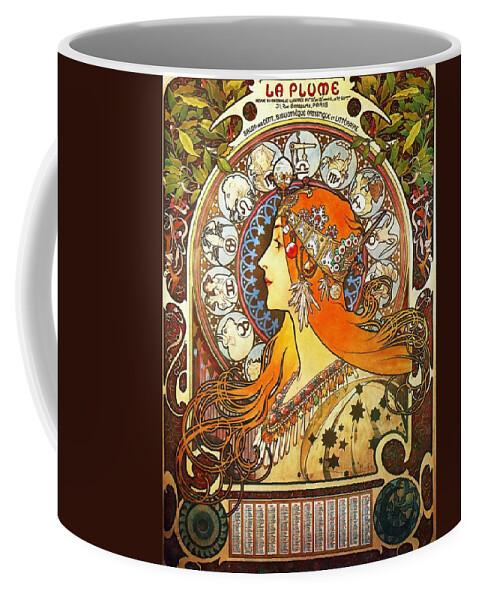 Alphonse Mucha Coffee Mug featuring the painting La Plume Zodiac by Alphonse Mucha