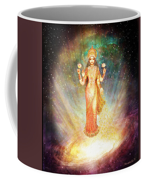 Lakshmi Coffee Mug featuring the mixed media Lakshmi Goddess of Abundance rising from a galaxy by Ananda Vdovic
