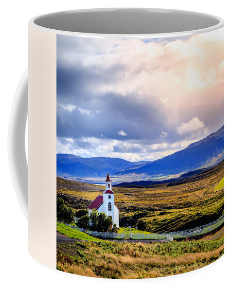 Christian Coffee Mug featuring the photograph Landscape with church by Alexey Stiop