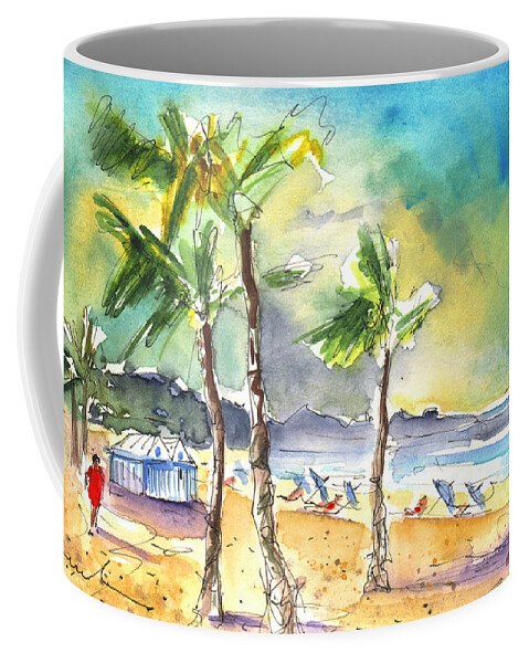 Travel Coffee Mug featuring the painting Las Canteras Beach in Las Palmas de Gran Canaria by Miki De Goodaboom