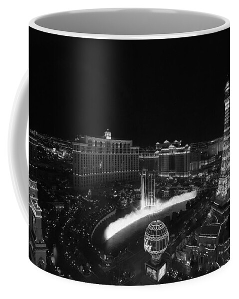 Vegas Coffee Mug featuring the photograph Las Vegas Strip and Fountains Black and White by Stephanie McDowell