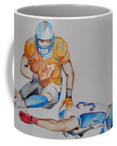 Football Coffee Mug featuring the painting Leap to the Finish by Teresa Smith