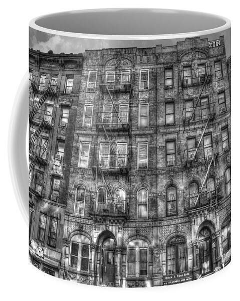 Led Zeppelin Coffee Mug featuring the photograph Led Zeppelin Physical Graffiti Building in Black and White by Randy Aveille