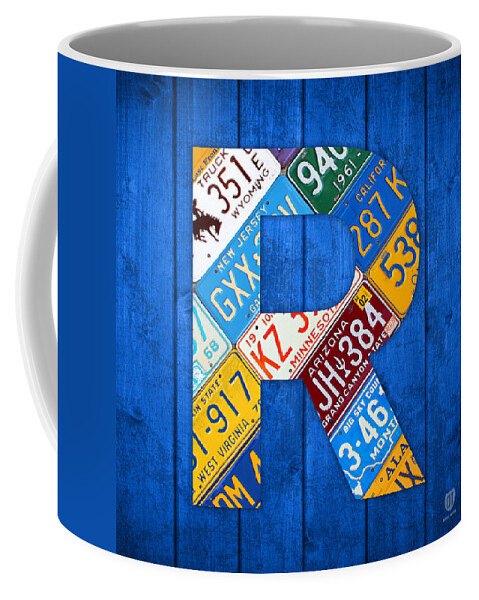 Letter Coffee Mug featuring the mixed media Letter R Alphabet Vintage License Plate Art by Design Turnpike