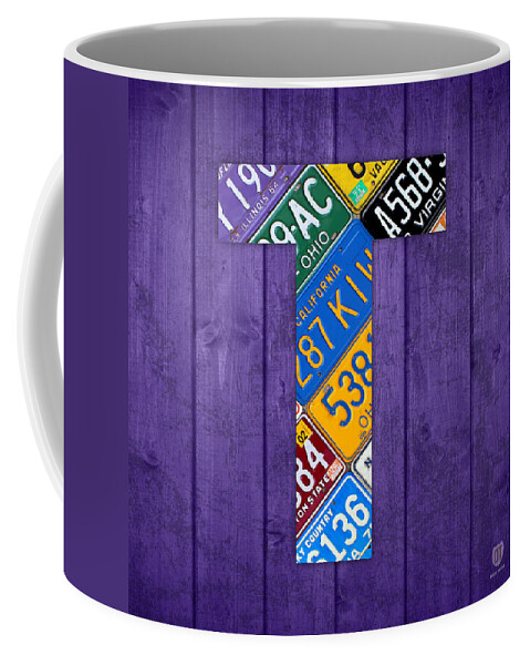 Letter Coffee Mug featuring the mixed media Letter T Alphabet Vintage License Plate Art by Design Turnpike