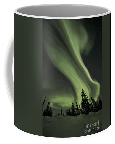 Aurora Borealis Coffee Mug featuring the photograph Light Swirls Over The Midnight Dome by Priska Wettstein