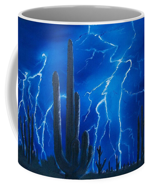 Desert Coffee Mug featuring the painting Lightning over the Sonoran by Sharon Duguay
