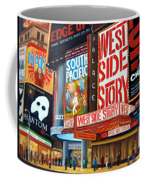 New York City Coffee Mug featuring the painting Lights on Broadway by Leonardo Ruggieri
