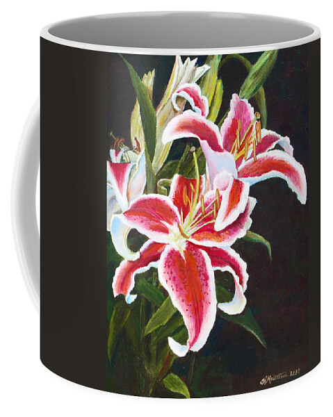Lily Coffee Mug featuring the painting Lilli's Stargazers by Harriett Masterson