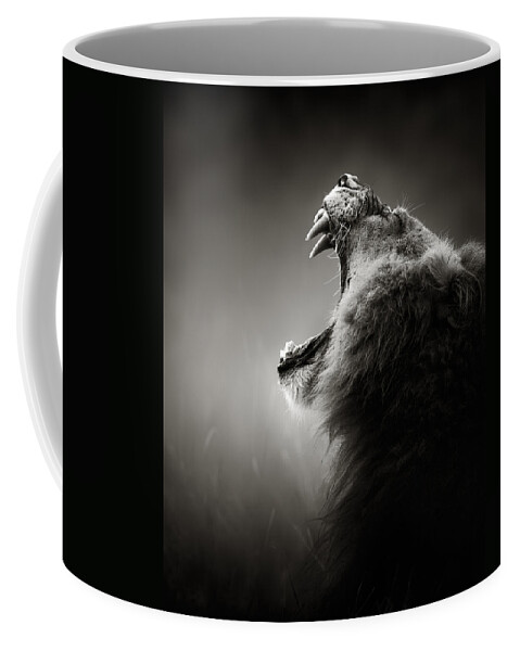 Lion Coffee Mug featuring the photograph Lion displaying dangerous teeth by Johan Swanepoel