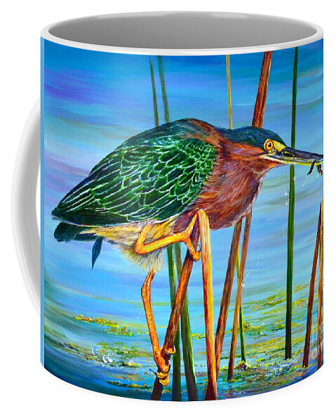 Perch Coffee Mug featuring the painting Little Green Heron by AnnaJo Vahle