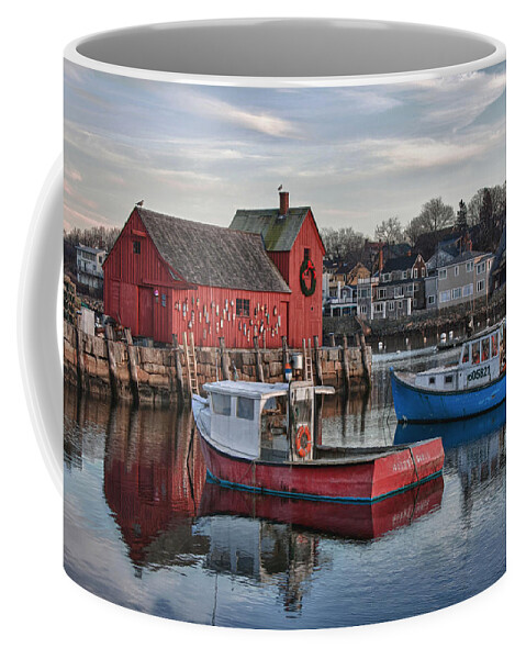 Motif Number One Rockport Lobster Shack By Jeff Folger Coffee Mug featuring the photograph Lobster boats at Motif 1 by Jeff Folger