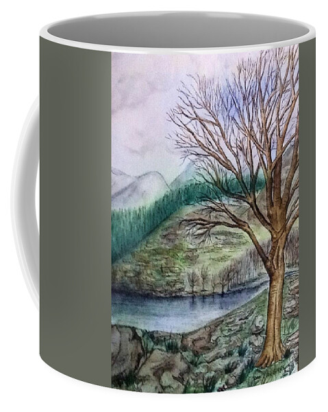 Loch Ard Coffee Mug featuring the painting Loch Ard Stirling overlooking Loch a'Ghleannain by Joan-Violet Stretch