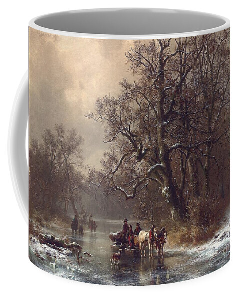 Rural Coffee Mug featuring the painting Loggers on a frozen waterway by Heinrich Hofer
