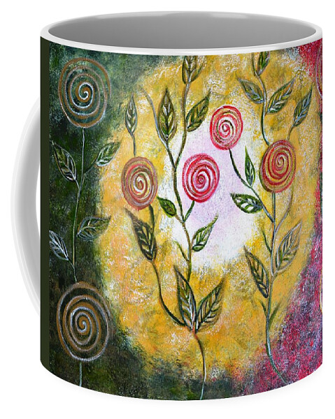 Abstract Circles Leaves Pop Fun Lollipop Red Green Yellow White Canvas Landscape Sponge Round Modern Coffee Mug featuring the painting Lollipop Flowers by Manjiri Kanvinde