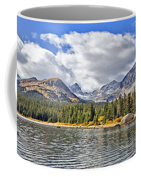 Fine Art Photography. Colorado Lake Photography.colorado Lake Greeting Cards. Lakes. Streams. Trees. Pine. Tree.sky.clouds. Blue Sky. Fine Art Note Cards. Mountains.winter.spring.summer.rocky.fishing Boat. Mixed Media Mixed Media Photography. Fine Art Photography Coffee Mug featuring the photograph Long Lake Colorado by James Steele