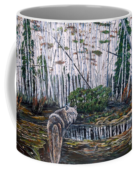 Wolf Coffee Mug featuring the painting Looking back by Marilyn McNish