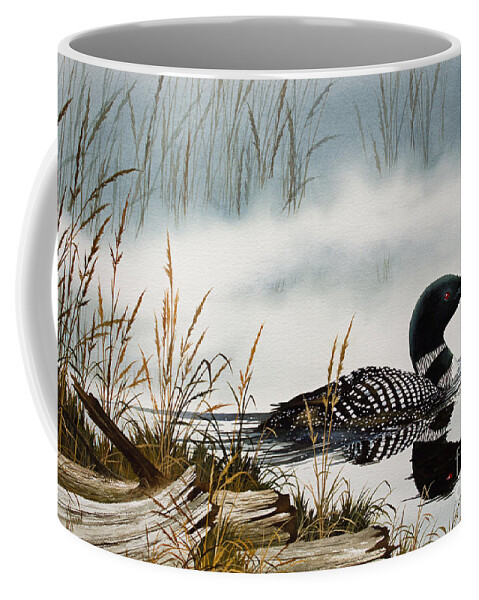Loon Coffee Mug featuring the painting Loons Misty Shore by James Williamson