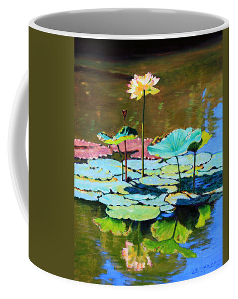 Lotus Coffee Mug featuring the painting Lotus Above the Lily Pads by John Lautermilch