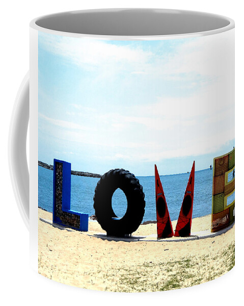 Love Coffee Mug featuring the photograph Love On The Beach Found Art Outer Banks by Katy Hawk