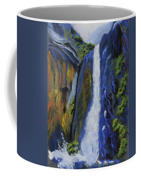 Yosemite Falls California Park Nature Waterfall Majestic Vibrant Coffee Mug featuring the pastel Lower Yosemite Falls by Brenda Salamone