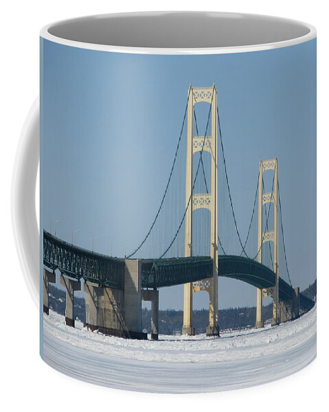Mackinac Bridge Coffee Mug featuring the photograph Mackinac Bridge in Winter by Keith Stokes