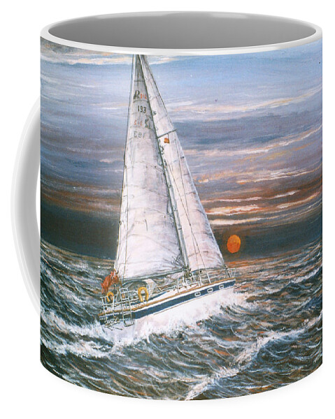 Maid Of Moraira Coffee Mug featuring the painting Maid of Moraira sailing toward Moraira on mainland Spain by Mackenzie Moulton