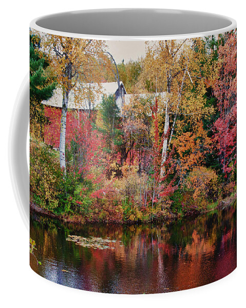 Autumn Foliage New England Coffee Mug featuring the photograph Maine barn through the trees by Jeff Folger