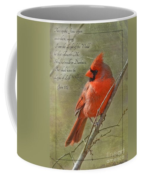 Nature Coffee Mug featuring the photograph Male Cardinal on twigs with Bible Verse by Debbie Portwood