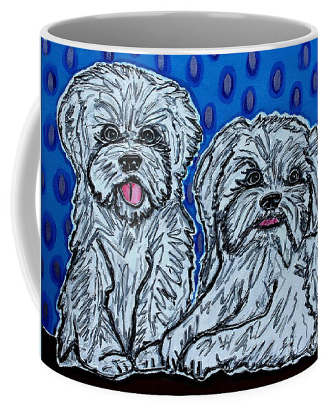 Maltese Coffee Mug featuring the painting Maltese Duo Blue BG by Cynthia Snyder