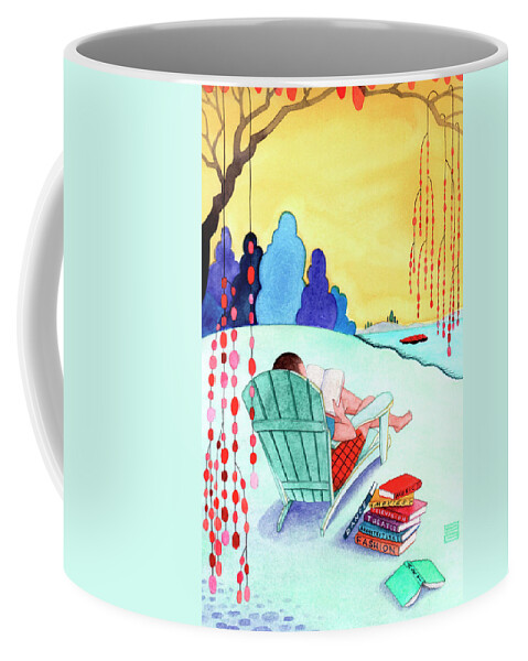 30-35 Coffee Mug featuring the photograph Man Reading Books In Adirondack Chair by Ikon Ikon Images