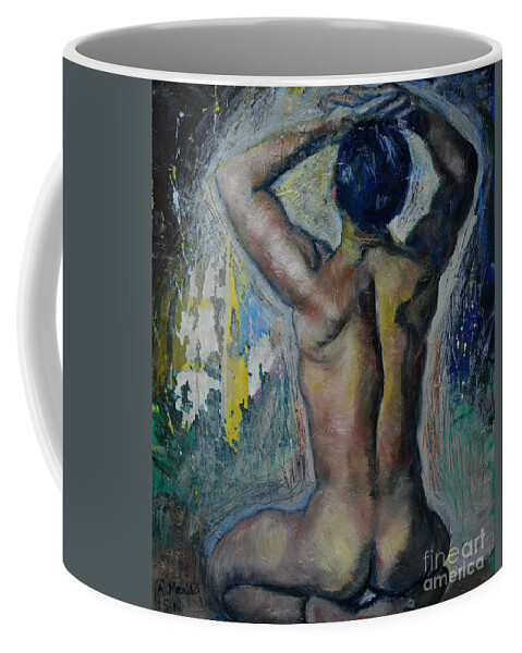 Raija Merila Coffee Mug featuring the painting Man's Back by Raija Merila