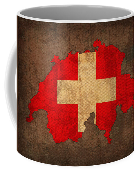 Map Of Switzerland With Flag Art On Distressed Worn Canvas Coffee Mug featuring the mixed media Map of Switzerland With Flag Art on Distressed Worn Canvas by Design Turnpike