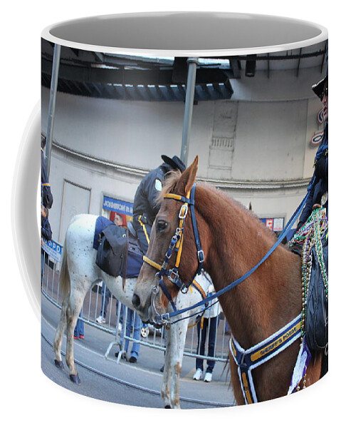 Mardi Gras Coffee Mug featuring the photograph Mardi Gras Cowboy on Horseback by Bev Conover