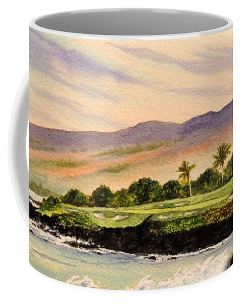 Mauna Kea Golf Course Hawaii Coffee Mug featuring the painting Mauna Kea Golf Course Hawaii Hole 3 by Bill Holkham