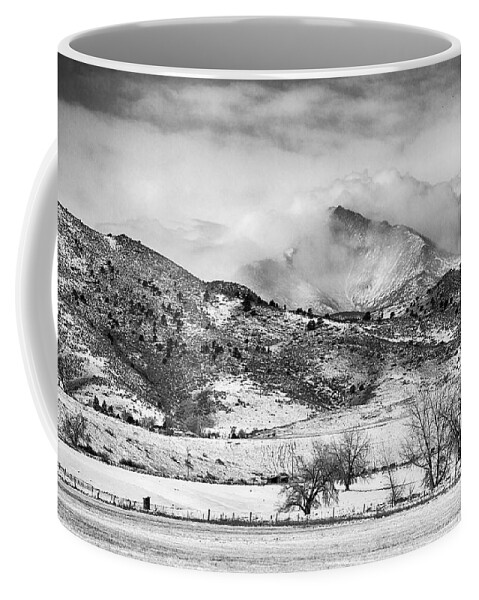 Longs Peak Coffee Mug featuring the photograph Meeker and Longs Peak in Winter Clouds BW by James BO Insogna