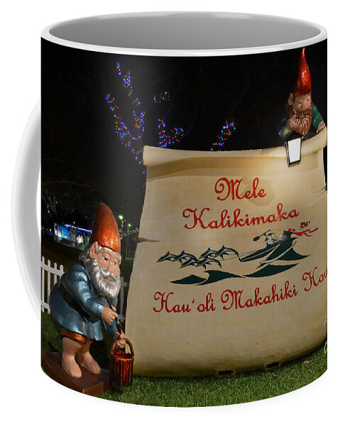 Mele Kalikimaka Merry Christmas Coffee Mug featuring the photograph Mele Kalikimaka Sign and Elves by Aloha Art