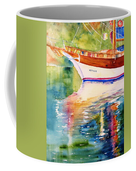 Sailboat Coffee Mug featuring the painting Merve II gulet yacht Reflections by Carlin Blahnik CarlinArtWatercolor