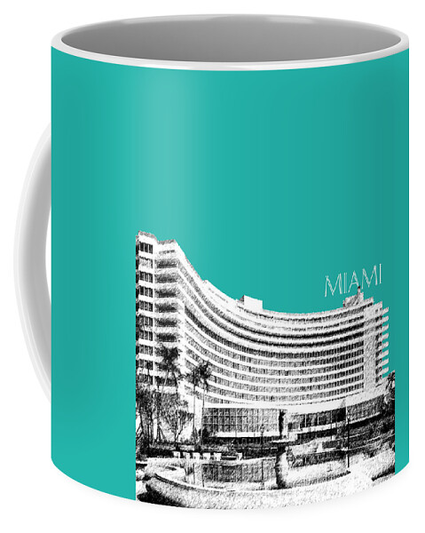 Architecture Coffee Mug featuring the digital art Miami Skyline Fontainebleau Hotel - Teal by DB Artist