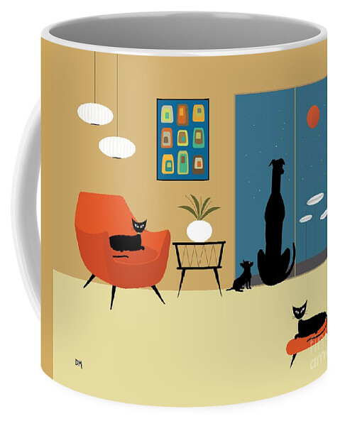 Alien Coffee Mug featuring the digital art Mid Century Dogs and Cats by Donna Mibus