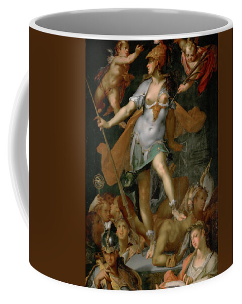 Bartholomeus Spranger Coffee Mug featuring the painting Minerva Victorious over Ignorance by Bartholomeus Spranger