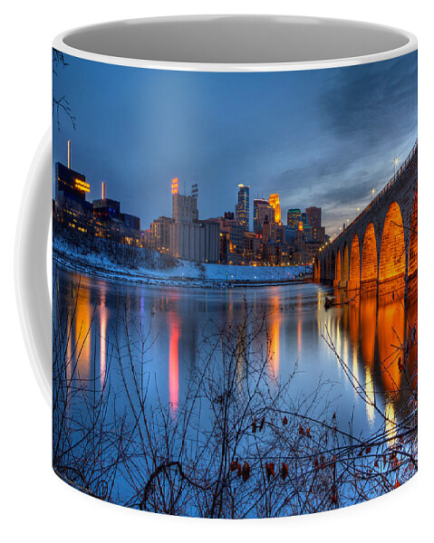 Minneapolis Skyline Coffee Mug featuring the photograph Minneapolis Skyline Images Stone Arch Bridge Spring Evening by Wayne Moran