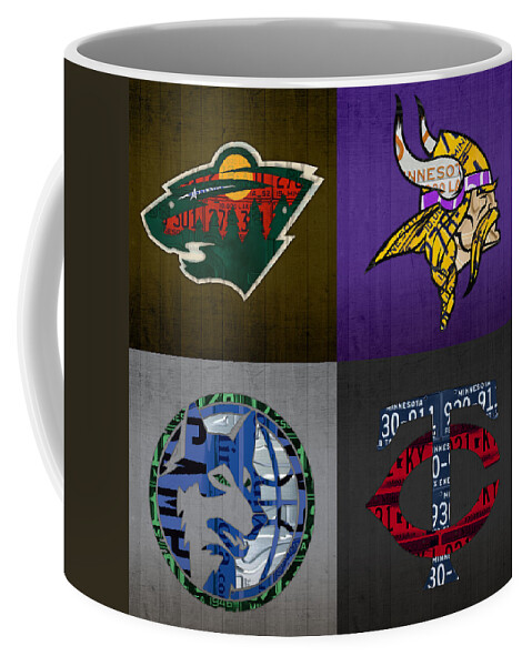 Minneapolis Coffee Mug featuring the mixed media Minneapolis Sports Fan Recycled Vintage Minnesota License Plate Art Wild Vikings Timberwolves Twins by Design Turnpike