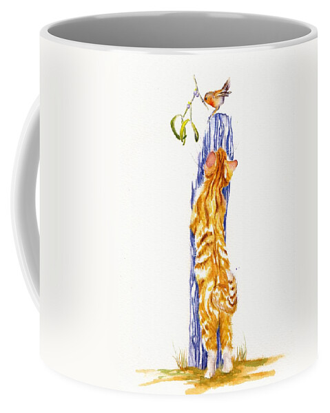 Cat Coffee Mug featuring the painting Mistletoe - Stretching Ginger Kitten by Debra Hall