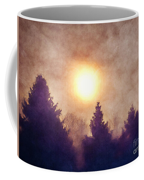Sun Coffee Mug featuring the digital art Misty Forest Sunrise by Phil Perkins