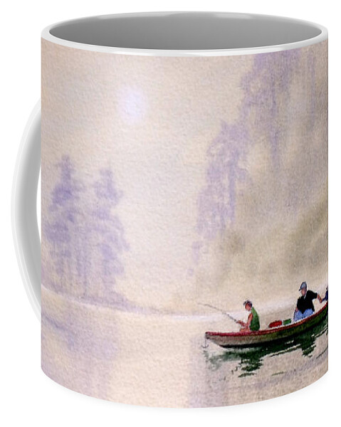 Banks Lake Coffee Mug featuring the painting Misty Sunrise On The Lake by Bill Holkham