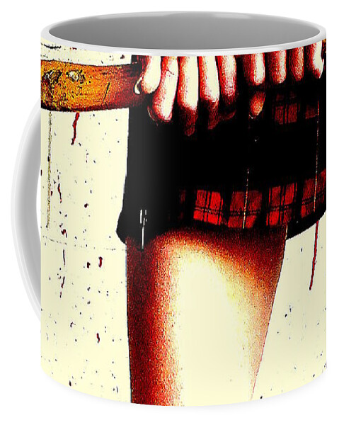 Axe Schoolgirl Plaid Tartan Miniskirt Murder Blood Horror Gore Insane Fishnet Stockings Legs Sexy Splatter Coffee Mug featuring the photograph Molly's hatchet by Guy Pettingell